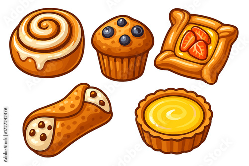Sweet pastries and baked desserts including cinnamon rolls, blueberry muffins, fruit tarts, and cannoli