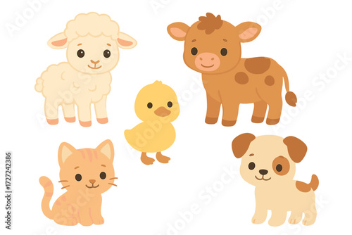 Charming collection of cute baby farm animals and domestic pets including a lamb calf duckling kitten and puppy