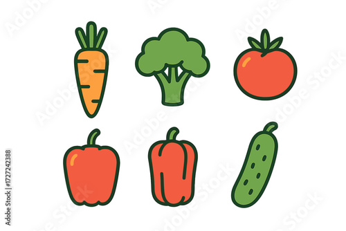 Collection of fresh healthy garden vegetables and organic produce icons for balanced diet and nutritious lifestyle