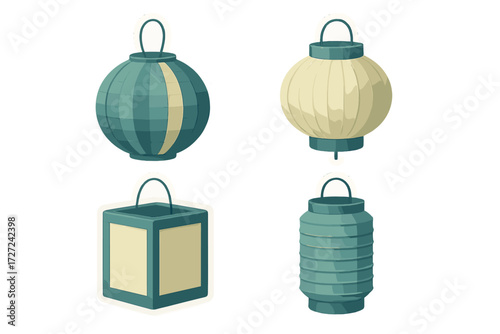 Festive traditional Asian paper lanterns in various shapes and colors