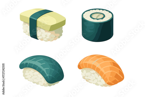 Delicious assortment of traditional Japanese sushi pieces including tamago, tuna, salmon nigiri, and maki rolls