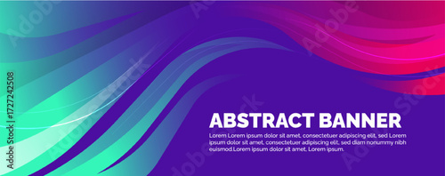 Modern abstract banner background with dynamic, fluid wave shapes and glowing curved lines. Features a vibrant gradient of cyan, purple, and magenta pink