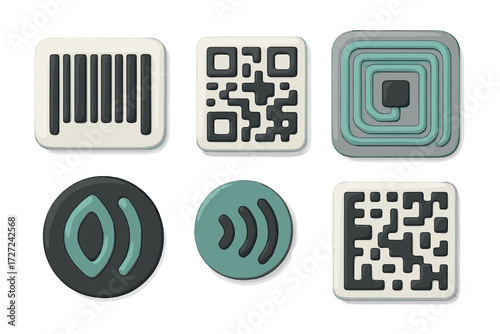 Modern data identification, wireless communication, and payment technology symbols and icons collection for digital applications