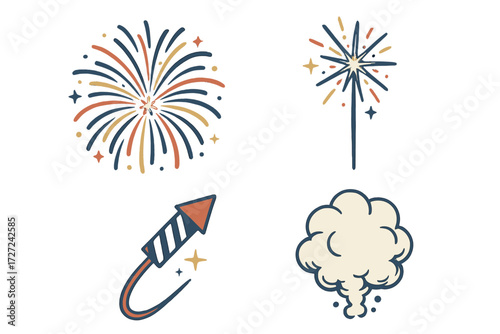 Vibrant bursting fireworks, sparkler, rocket, and smoke cloud for festive holiday events and celebrations