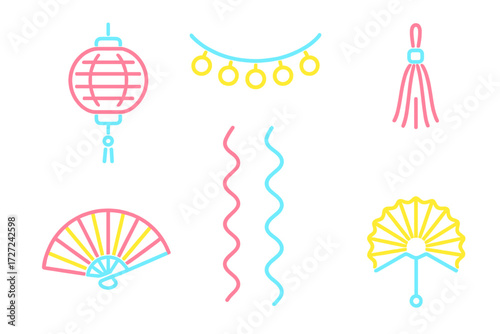 Traditional Asian celebration decorative elements: lanterns, fans, tassels in modern neon outline style
