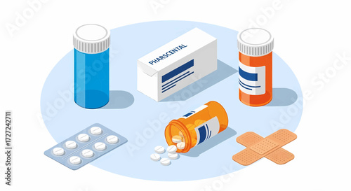 Isometric pharmacy medication vector concept illustration