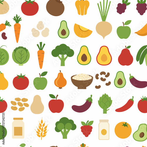 Seamless pattern with various fruits and vegetables