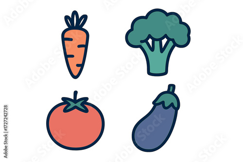 Vibrant assortment of fresh organic vegetables including carrot, broccoli, tomato, and eggplant arranged on a clean white background