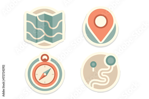 Comprehensive set of navigation and travel icons featuring map, location pin, compass, and route path symbols for global exploration and journey planning