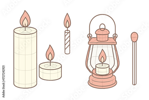 Assortment of burning candles in various shapes, a classic lantern, and a single matchstick for illumination and ambiance