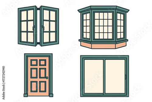 Architectural elements collection with various windows including open, bay, and sliding designs, alongside a traditional paneled door