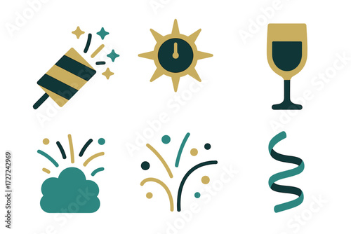 Vibrant New Year's Eve celebration featuring a party popper, clock, champagne glass, and festive decorative elements
