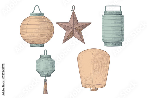Collection of various decorative lanterns including traditional paper lanterns, a sky lantern, and a star ornament for festive occasions