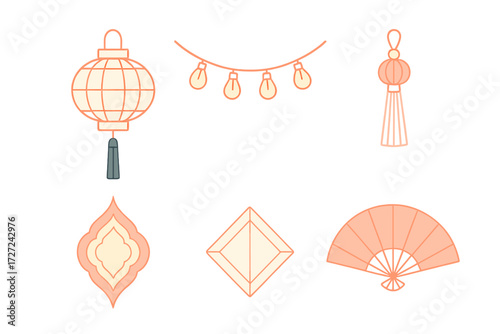 Collection of traditional Asian decorative elements including lanterns, string lights, tassels, and a hand fan
