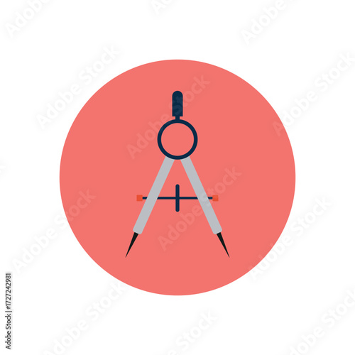 Flat design illustration of a geometry compass icon used for drawing circles and measuring angles, isolated on a red background.