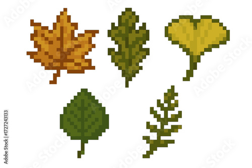 Collection of diverse pixel art autumn leaves in various shapes and seasonal colors for digital design projects