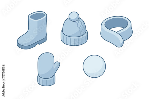 Isometric winter season clothing and accessories set with hat, scarf, mitten, boot, and snowball