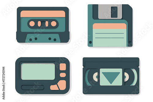 Collection of vintage data storage and playback devices including cassette, floppy disk, pager, and VHS tape