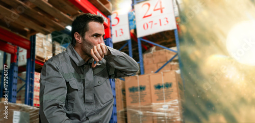 Male warehouse worker walks frequently thirsty holds water bottle drink when he is thirsty during hot and humid weather in the warehouse building wants drink water keep himself healthy and refreshed.