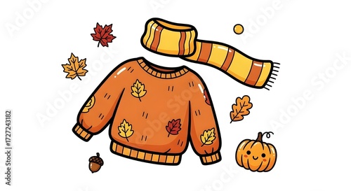 Sweater with Cheerful Pumpkin and Falling Leaves