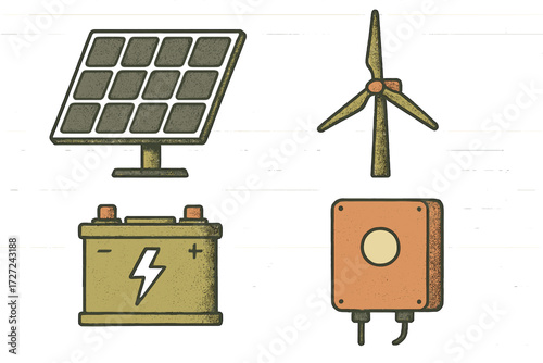 Sustainable energy technology icons showing solar panel, wind turbine, battery, and power inverter for renewable power systems