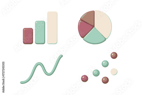Abstract business data visualization elements including bar chart pie chart line graph and scattered points for financial analysis and statistics