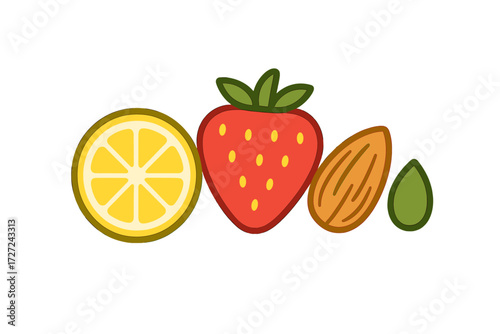 Assortment of fresh fruit and nuts including a vibrant lemon slice, juicy strawberry, crunchy almond, and healthy pumpkin seed