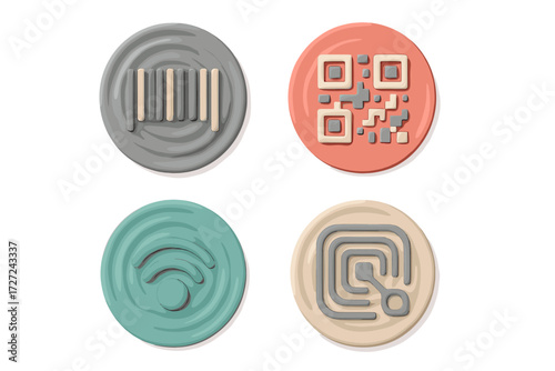 Modern digital technology symbols for barcode, QR code, Wi-Fi, and NFC wireless communication and scanning