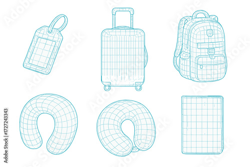 Wireframe design elements featuring essential travel accessories and baggage for vacation and journey planning and tourism concepts, isolated on white background