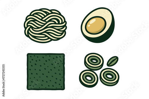 Ramen ingredients set with coiled noodles, halved boiled egg, nori seaweed, and sliced green onions