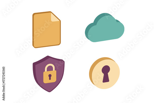 Digital document cloud storage and data security protection icons for web, mobile applications, and online services