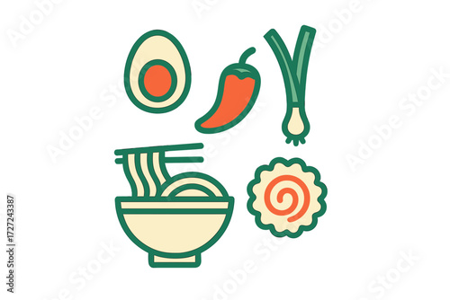 Assortment of classic Asian ramen ingredients featuring noodles, boiled egg, spicy chili pepper, fresh scallion, and narutomaki fish cake