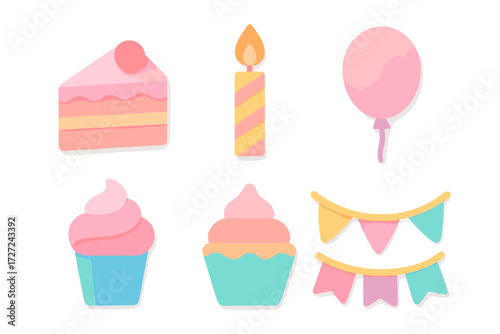 Assortment of festive party elements: cake, candle, balloon, cupcakes, and decorative pennant banners