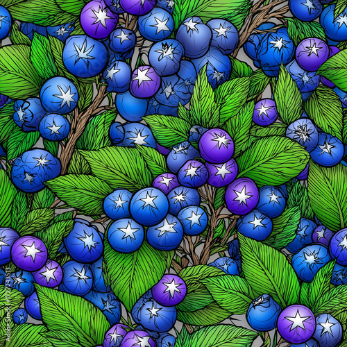 Seamless Pattern of Blueberries with Green Leaves
