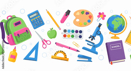Back to school supplies seamless pattern vector illustration