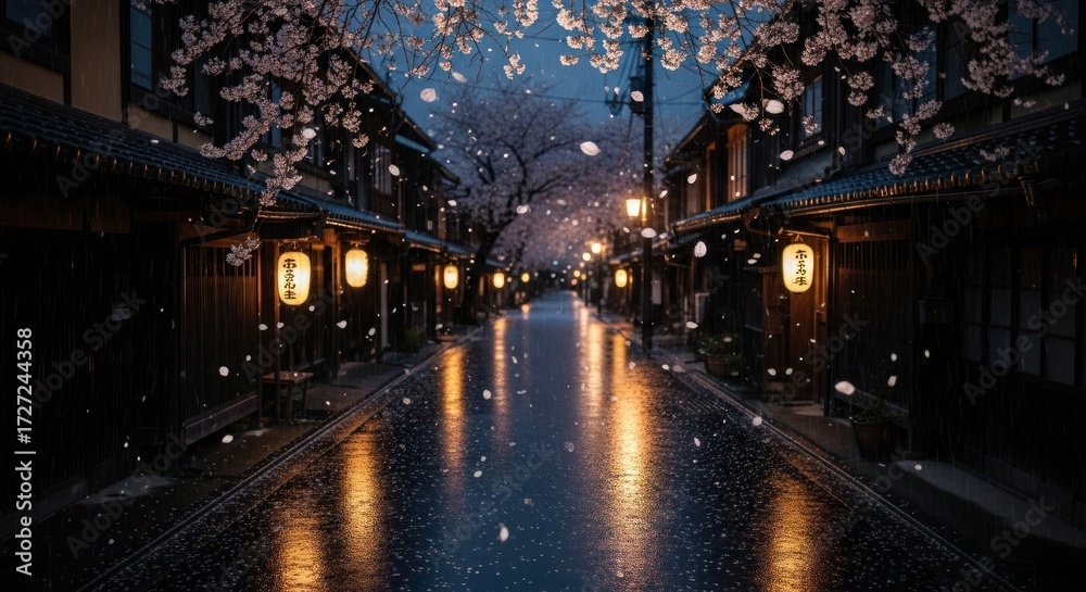 Fototapeta premium Night street view under cherry blossoms, lanterns glow on wet pavement