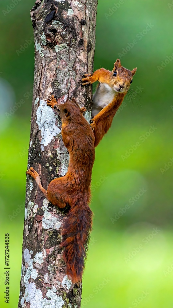 Obraz premium Two red squirrels on a tree trunk
