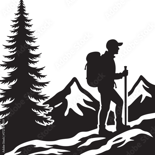Black silhouette of a hiker with backpack and trekking pole on mountain landscape