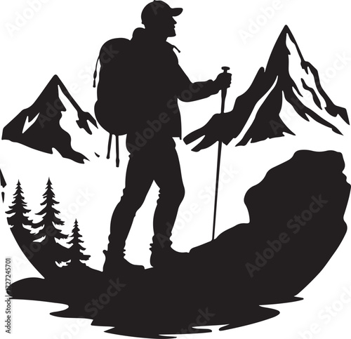 Black silhouette of hiker with backpack and poles on mountain landscape