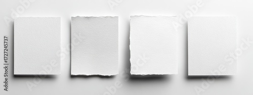 Four blank, white paper scraps arranged horizontally against a white background. Two are cleanly cut, while the other two feature irregularly torn edges, casting subtle shadows