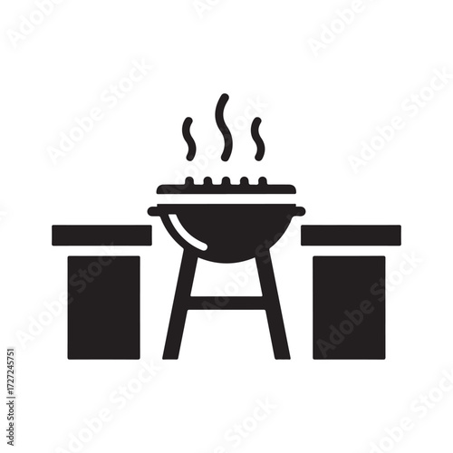 Flat Vector Barbecue Grill Icon with Smoking Food and Side Tables