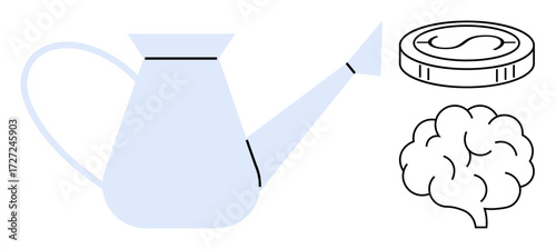 Watering can nurturing investment and brain growth, representing knowledge enrichment, financial prosperity, development. Ideal for education, finance, strategy, innovation, growth motivation
