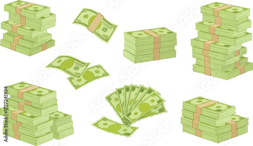 Stacks of cash and flying banknotes create a vibrant visual for financial success, wealth, and business prosperity