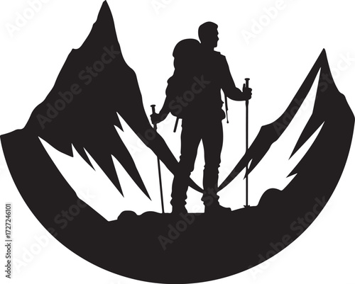 Black silhouette of hiker with backpack and poles on mountain peak 1