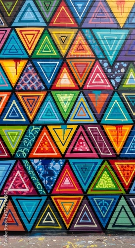 Colorful triangle graffiti art on brick wall creating a patterned geometric design