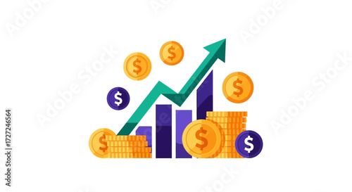 Financial growth depicted by a rising bar graph and scattered gold coins.