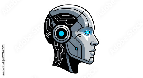 A stylized profile view of a futuristic robot head, showcasing intricate mechanical details.