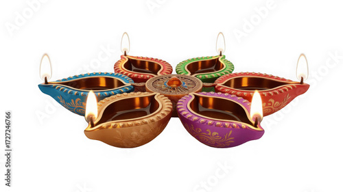 Colorful Diwali diya lamp isolated on white background realistic shadows high quality PNG