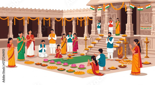 Devotees Praying in Indian Temple Ceremony
