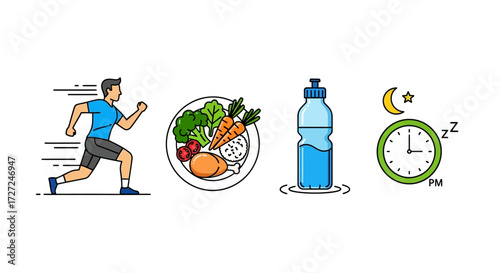 Healthy lifestyle concept illustrated with icons for exercise, balanced diet, hydration, and proper sleep, promoting overall wellness